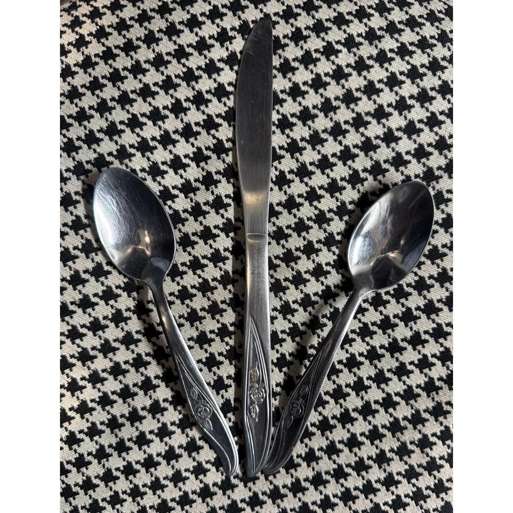 Utica Stainless China Cameo Rose Flatware 2 Spoons 1 knife, Lot 3,‎ Vintage MCM